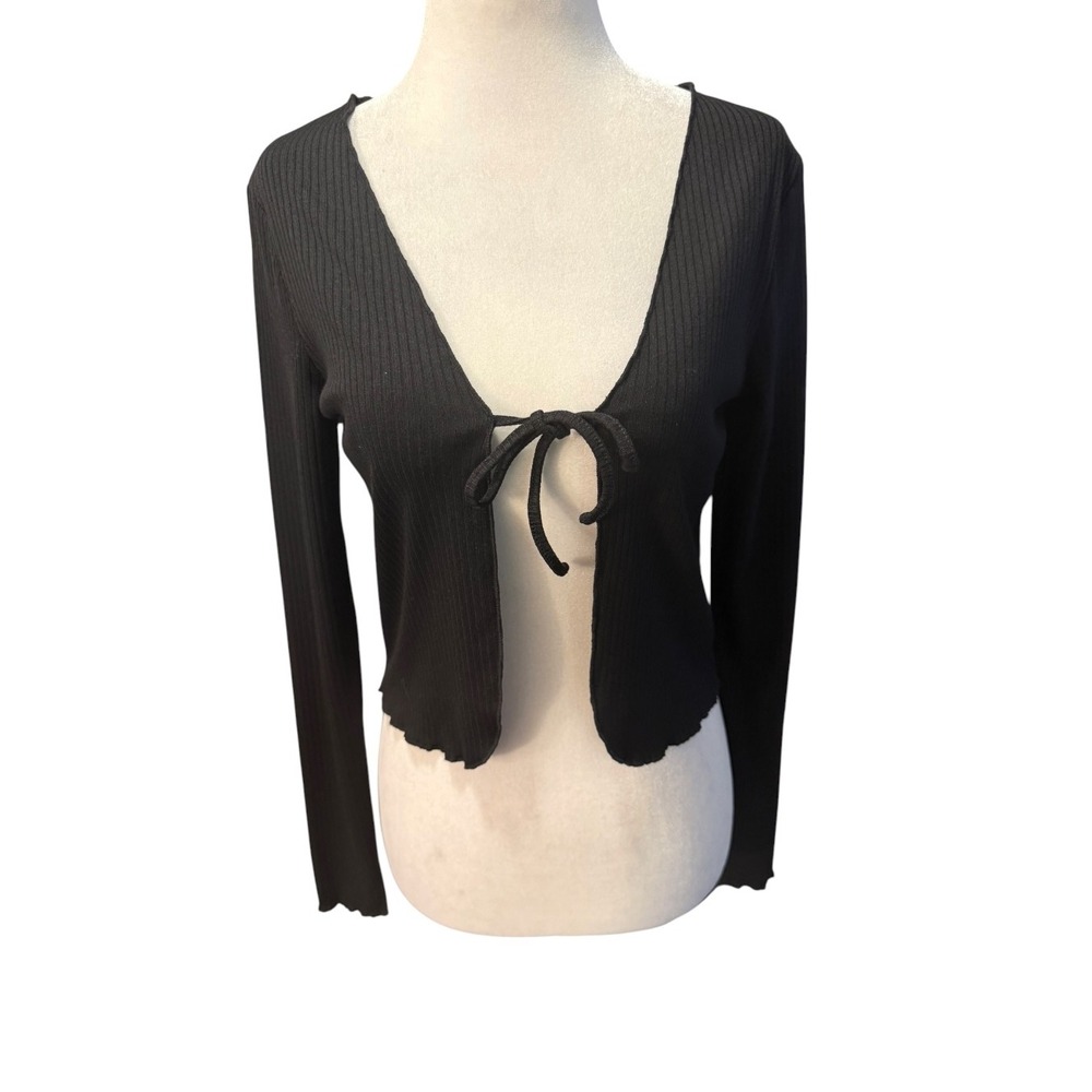 Elodie Womens Black Ribbed Cropped Tie Front Cardigan ELYT2279-NR Small NWT